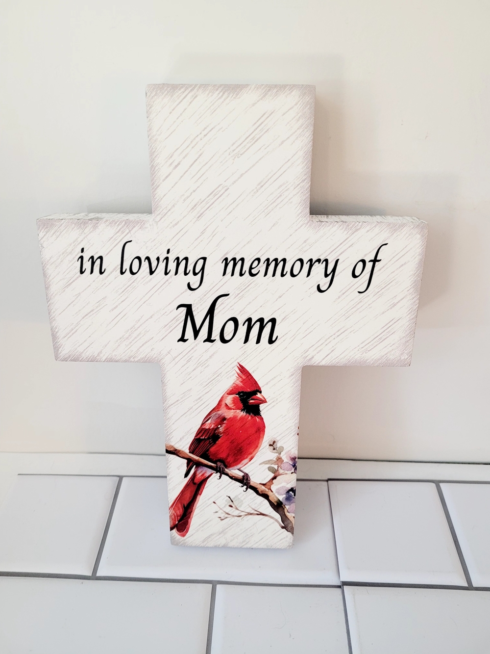 Memorial Cross Wall Art with Red Cardinal - 'Mom'